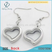 Factory price silver heart floating locket earrings,new plain coin earrings